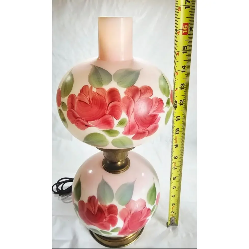 Vintage Hand Painted Pink Floral Gone With The Wind Hurricane Parlor Lamp 16.5